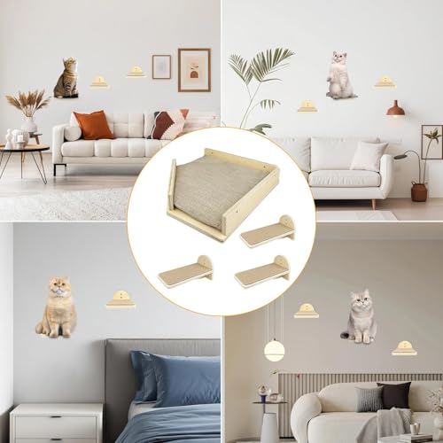 Comzantor 4er Set Kletterwand Katzen, Katzen Wandelemente, Katzentreppe Wand, Katzenbretter für Die Wand, Katzenwandmöbel Set, Katzenleiter Wand für Katze Klettern Spielen Faulenzen(Massivholz)