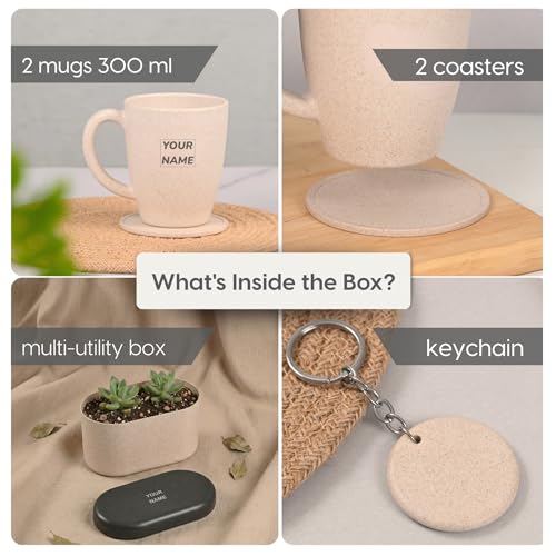 Image of Eha Earth Friendly Customised Coffee Mugs and Coasters Set of 2 with Loopac, 300 ml | Made with Rice Husk Biocomposite | Personalized Gifts for Friends and Family | Sand Castle