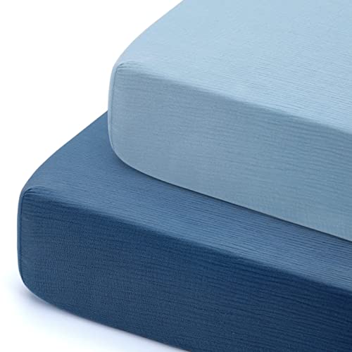 Image of GRSSDER Soft Muslin Crib Sheet 2 Pack, 100% Cotton Crib Sheets for Boys and Girls, Fit Standard Crib Mattresses 52" x 28" Safe and Snug, Dark Blue/Blue