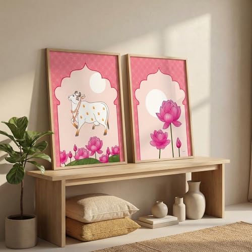 Image of Livin'luxe Set of 2 Pink Kamdhenu Cow Lotus Wall Paintings for Living Room Bedroom Home Decor with Premium Wooden Color Synthetic Frame (13.5 x 19.5 Inch) NM02-58