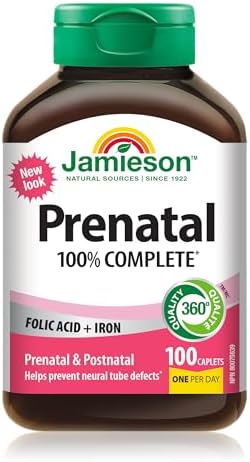 Jamieson Prenatal 100% Complete Multivitamin, with Folic Acid and Iron. Formulated for Prenatal and Postnatal, and While Breastfeeding, Prevents Neural Tube Defects, Gluten-Free, One Per Day, 100 Caplets