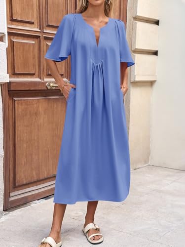 Image of Wenrine Womens Flutter Short Sleeve Maxi Dress Casual V Neck Side Slit Pleated Loose Flowy Summer Dresses