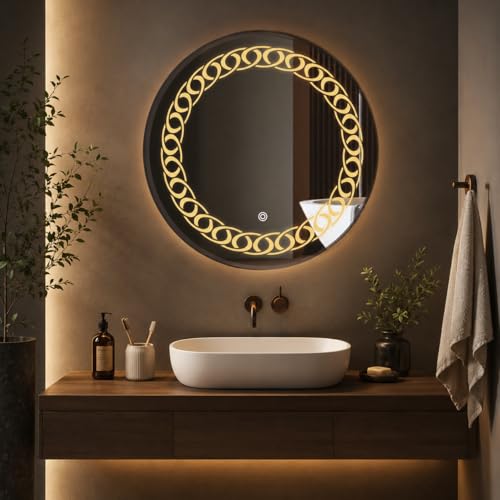 Image of LED Bathroom Wall Mirror with Decorative 3 Light Design | Touch Sensor | Warm | Natural and Cool White | for Wash Basin | Bedroom | Dressing Area Decoration (Round, 24x24)