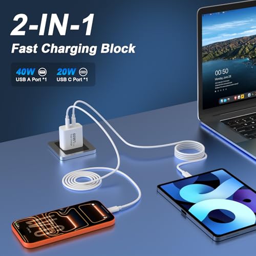 Image of iPhone 17 16 15 Charger Fast Charging 60W,[Apple MFi Certified] Dual Port | ﻿ USB C Wall Charger Block with 10FT USB to USB C Cable USB-C Fast Charger for iPhone 17 /Pro /Pro Max /17 Air /16 Pro Max /15