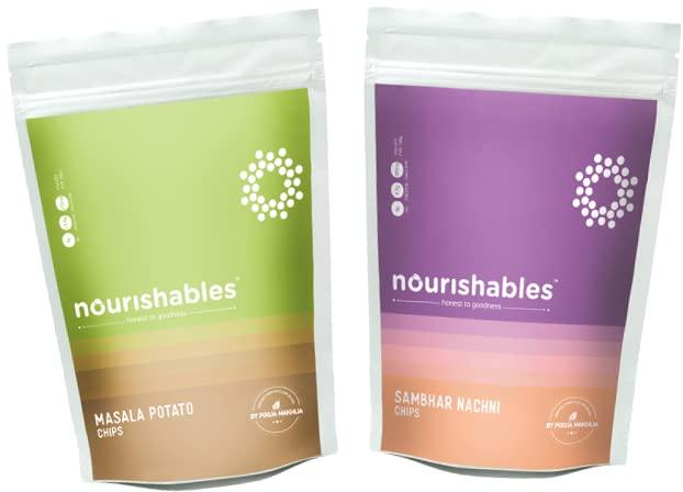 Nourishables by Pooja Makhija: Gourmet Chips & Crackers, Masala Potato & Sambhar Nachni Flavors, Gluten-Free, Vegan, High Fiber, Authentic Indian Taste, Perfect Snack for Health-Conscious - Pack of 2