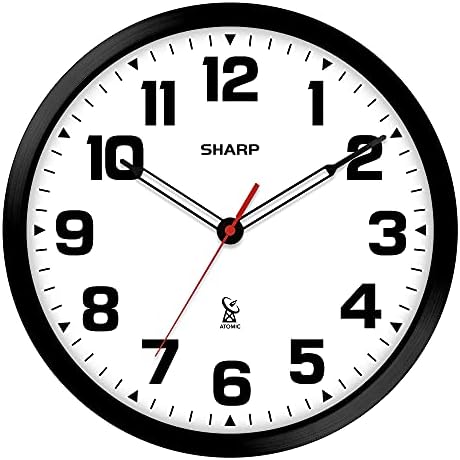 SHARP Atomic Analog Wall Clock - 12" Black Stylish Frame - Sets Automatically- Battery Operated - Easy to Read - Easy to Use – Modern Design and Style