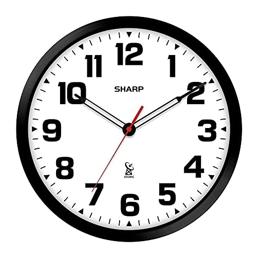 Sharp Atomic Analog Wall Clock - 12" Black Stylish Frame - Sets Automatically- Battery Operated - Easy to Read - Easy to Use – Modern Design and Style