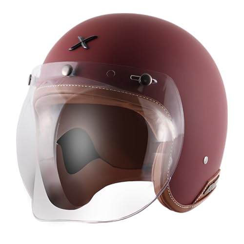 Image of Axor Retro Jet Leather ISI and DOT Certified Matte Finish Open Face Helmet for Men and Women with Clear Visor- Dull Chestnut Red -L