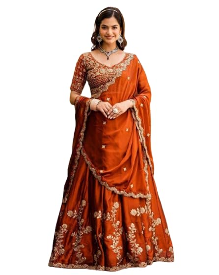 Image of piludi Women's Embroidered Lehenga Choli with Dupatta | Heavy Floral Zari Work Semi-Stitched Lehenga Set