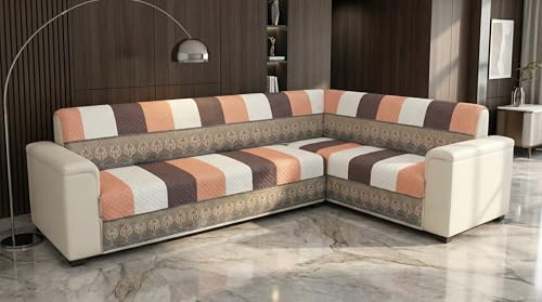 Image of Velvet L Shape 4+3 (7 Seater) Sofa Cover Fully Covered | Anti Skid Non Slip | Printed Brown | Washable Furniture Protector