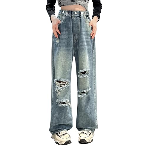 Wide Leg Ripped Jeans for Girls Baggy Elastic High Waist Hole Y2K Denim Pants Streetwear Straight Kids Fall Bottom