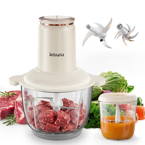 Image of Kawu Electric Food Processors, 300W Food Chopper with 2 Bowls (8 Cup+1 Cup) | 2 Speeds Meat Grinder with Stainless Steel Blades, Mini Vegetable Garlic Chopper Glass Blenders for Kitchen Home