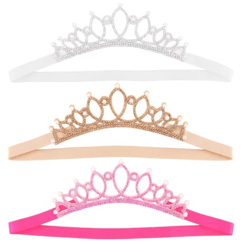 Baby Girl Elastic Headbands 3 PCS Glitter Princess Crowns tiara for Little Girls Crystal Toddler Headband Children Hair Accessories for Birthday