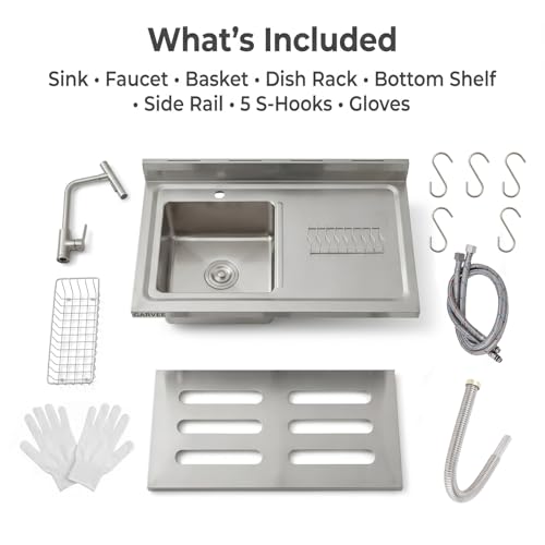Image of Freestanding Stainless Steel Utility Sink with Hot & Cold Pull-Out Faucet, Large Capacity Laundry Sink with Storage Shelf & Drain Kit for Garage Kitchen Backyard Commercial Use
