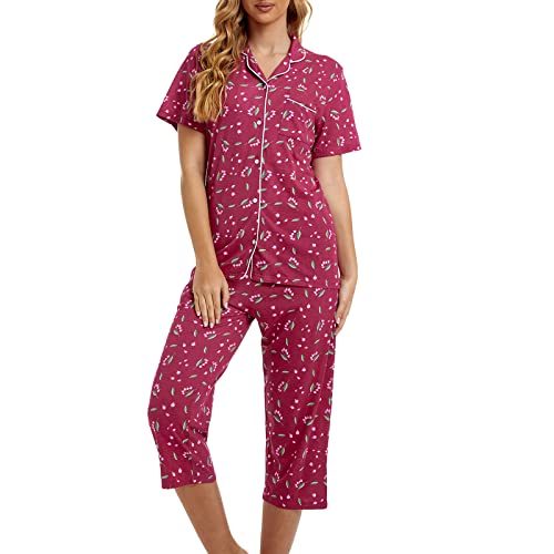 Image of Tugege Capri Pajamas Set Womens Button Down Short Sleeve Lounge Sets Sleepwear Notch Collar Top & Capri 2 Piece PJ Sets