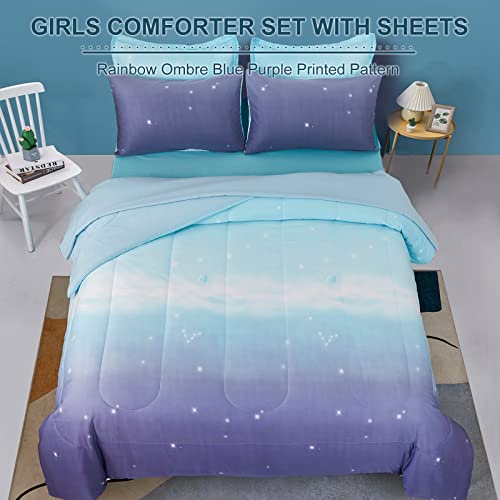 Image of Dinjoy Girls Women Comforter Set King Size Ombre Blue Purple Rainbow Bedding Set 7 Pieces Bed in A Bag for Teen Adult (1 Comforter, 1 Flat Sheet, 1 Fitted Sheet, Pillow Shams & Pillowcases)