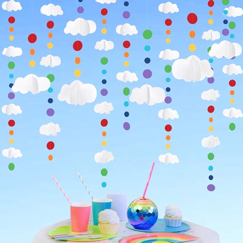 Image of 3D Cloud Decorations Rainbow Circle Dots Clouds Hanging Colorful Garland Streamer Cutout for Birthday Wedding Carnival Party Supplies Home Ceiling Wall Art Decor