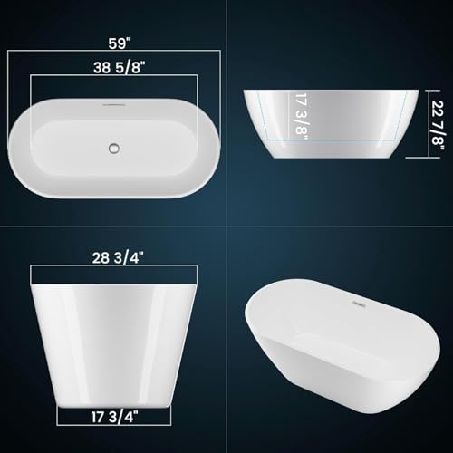 Image of 59 inch Acrylic Freestanding Bathtub, Deep Soaking Tub, Contoured