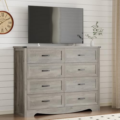 Image of BORNOON 8-Drawer Dresser for Bedroom, Modern Wooden Chest of Drawers with Metal Handles, Anti-Tipping Design, Sturdy and Stable Storage Organizer for Living Room, Entryway, Home Office