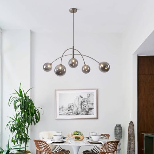 Image of Modern Silver Chandelier 5 Light Smoke Gray Semi Flush Mount Chandelier Vintage Industrial Ceiling Light for Dining Room Kitchen Bedroom Hallway