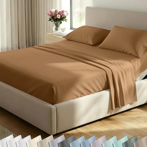 Image of California Design Den Split King Cotton Sheets Sets for Adjustable Bed - Luxury 600 Thread Count 100% Cotton Sateen, Deep Pockets, Soft & Durable Bedding - Honey Caramel