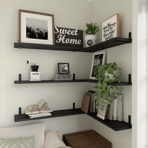 Image of WOPITUES 24'' Long Floating Shelves for Wall Decor & Storage, Black | Wood Farmhouse Book Shelves for Bedroom, Bathroom, Living Room, Kitchen, Office, Laundry Room, Study Room Display, 6Pcs
