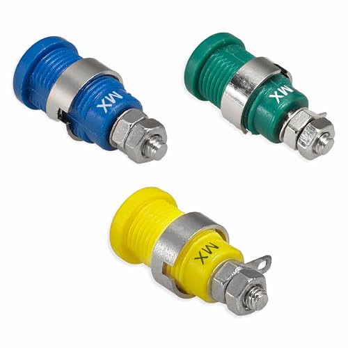 Image of MX 4mm Banana Socket Set, Laboratory Grade Safety Test Terminals in Blue Yellow Green, Metal Construction, Panel Mount Design Pack of 3