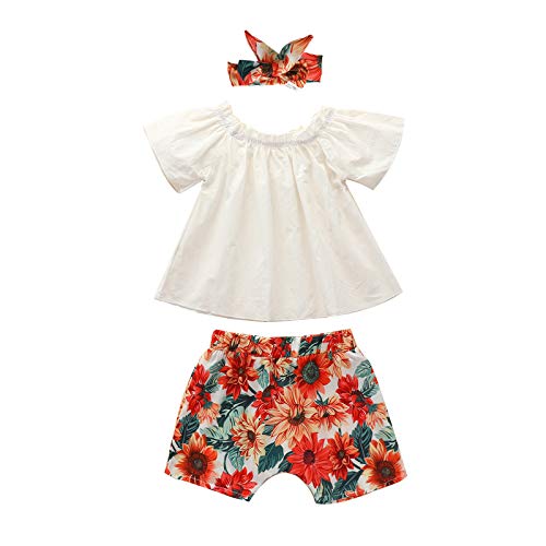 Infant Baby Girls Outfits Set Summer Short Sleeve Solid Color T-Shirt Tops and Floral Print Shorts Pants Headband Clothes (White, 9-12Months)