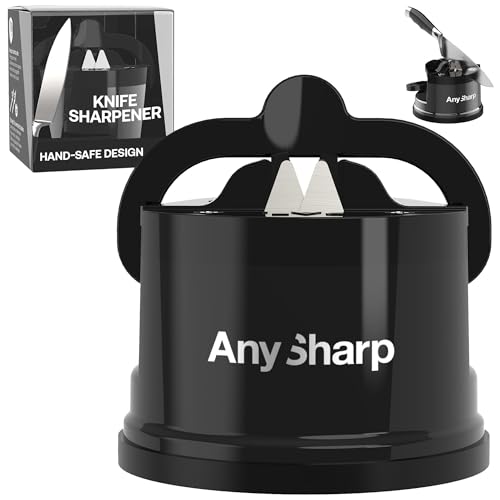 Image of AnySharp Knife Sharpener, Handsfree Safety, PowerGrip Suction, Safe Sharpening of All Kitchen Knives, Ideal for Hardened Steel & Cartel, Compact, Black