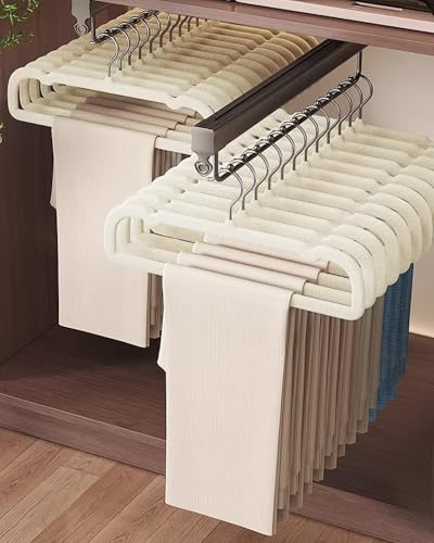 Image of Beige Velvet Hangers Non-Slip 20 Pack Felt Hangers for Pants Trouser Hanger | 360 Swivel Silver Hook, Thin Space Saving Clothes Hanger for Jeans Slacks, Slim Perchas Terciopelo, Perchas para Pantalones