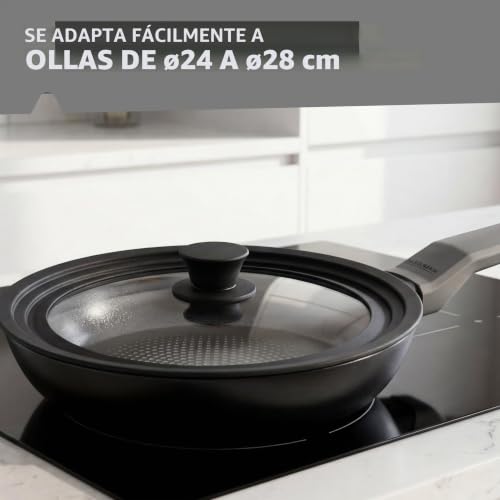 Miniatura 6 de Fackelmann Tapa Sartén Universal De Cristal 24 26 28 Cm, Tapa Antisalpicaduras, Diámetro 29,5 Cm, Borde Silicona Negro, Perilla De Nylon, Válvula De Vapor, Compatible Con Ollas, Sartenes Y Cacerolas