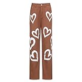 Jubaton Heart Graffiti High Waist Straight Slim Jeans Hip Hop Light Color XXL Brown