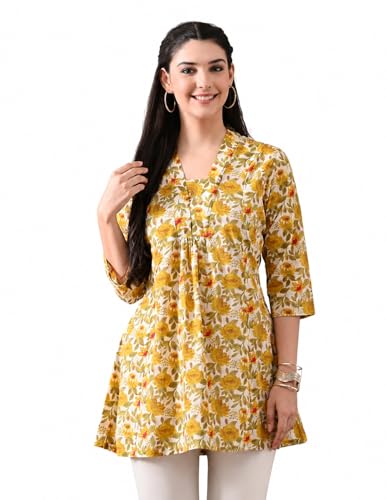 Image of Amazon Brand - Tavasya Women Ethnic Printed V-Neck Cotton Short A-line Kurta | Stylish Casual Everyday Office Top | 3 /4th Sleeve | Regular Fit