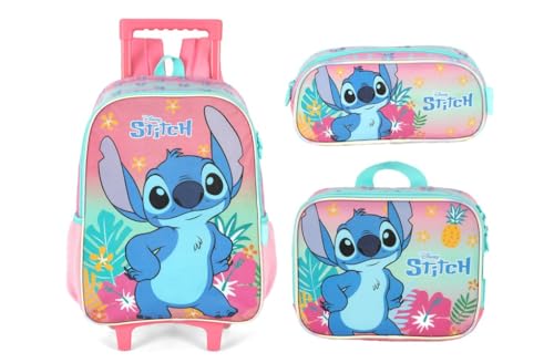 Kit Mochila Infantil Rodinha Stitch Lancheira Estojo 2026 Rosa Stitch Rosa
