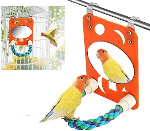 Bird Mirror Swing Parrot Cage Toy with Rope Perch for Bird Sports Skills for Parakeets, Cockatiels, Conures, Macaws, Finches, Budgie,…