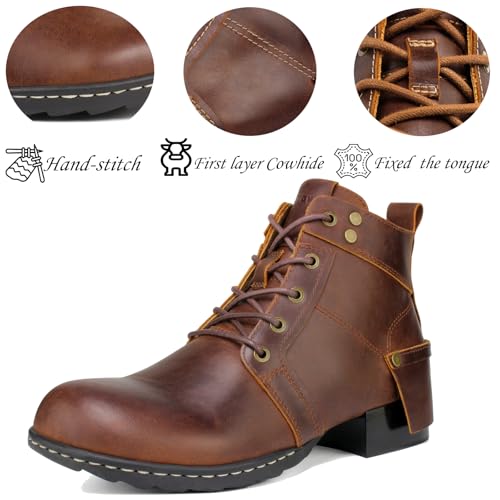 Motorcycle Boots Men CasuaL Riding Leather Motorcycle Combat Boot/Shoes Fashion Lace-up Chukka Boot Ankle Caramel Brown HF002-13