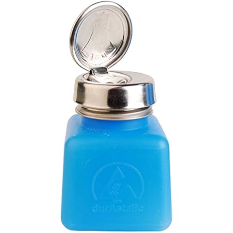 Menda 35282 One Touch Stainless Steel Liquid Dispenser Pump, ESD Safe durAstatic Square Bottle, 4 oz, High Density Polyethylene/Stainless Steel, Blue Cover