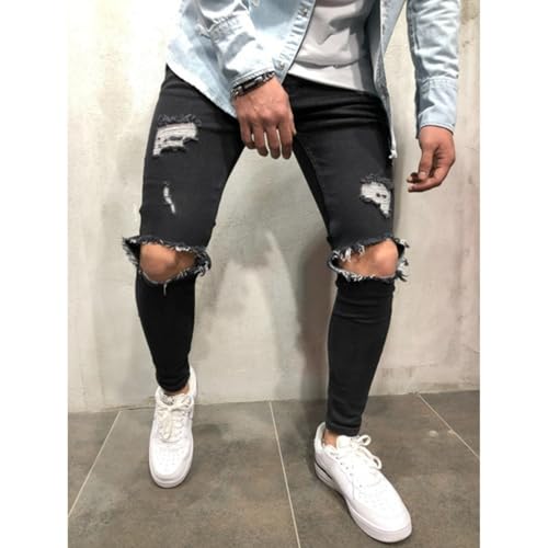 Jeans Pants Trouser Denim Ripped Worn Hole Street Trendy Elastic Tight Fitting Washed for Men4