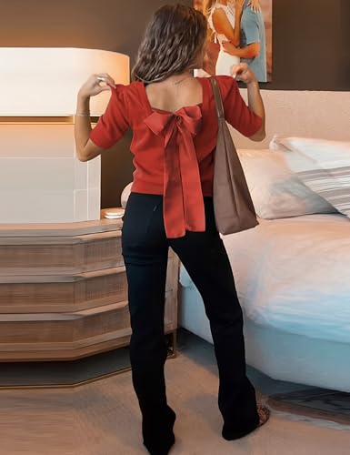 Lentta Women's Bow Knit Sweater Trendy Backless Tie Puff Short Sleeve Crewneck Knitted Pullover Tops4