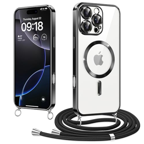 Elettrolitico Magnetica Cover con Cordino per iPhone 16 Pro 6.3 Compatibile con Magsafe Ricarica Antiurto AntiGraffio con Collana Regolabile Case per 16 Pro wireless tpu nero