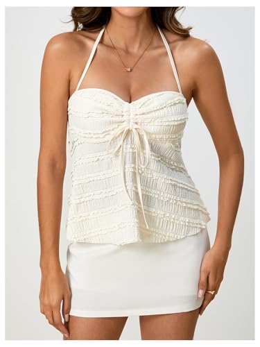 SOLY HUX Women's Peplum Halter Crop Tops Y2K Drawstring Tie Ruched Dressy Casual Spaghetti Strap Cami Top4