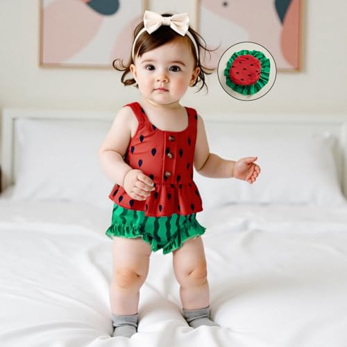 Emmababy Baby Girl Watermelon Outfit with Hat Smocked Ruffle Tank Top Shorts Set Infant Fruit Outfit Toddler Summer Clothes2