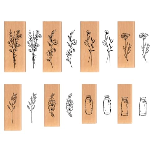 JAONLD Sellos,8 Piezas Juego de Sellos de Madera Vintage con Flores Tampon en Bois,Sellos Redondos de Goma de Maderapara Manualidades,álbumes de Recortes,Tarjetas,Diarios y Envoltorio de Regalo