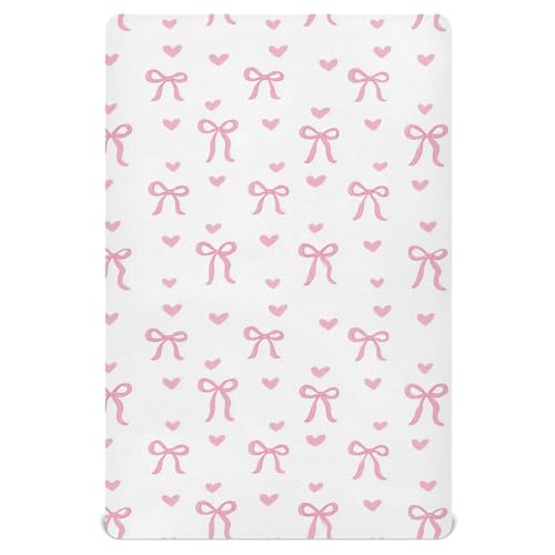Image of Pfrewn Crib Sheets for Boys Girls Aesthetic Pink Ribbon Bow Fitted Crib Sheet for Mini Crib Mattress Stretch Soft Toddler Baby Playard Sheet,39x27IN