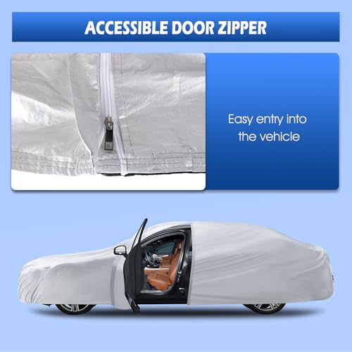 Image of 6 Layers Car Cover Waterproof All Weather for Automobiles, Size A4 Universal Fit for Dodge Charger, Lincoln Mkz, Rain Sun Hail Protection with Door Zipper (199-208 inch), Silver