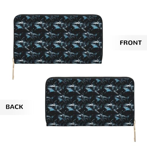 Leather Thin Slim Wallets for Women & Men - Blue Shark Robot Print Card Wallet Holder with Zipper 7