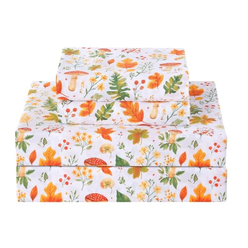 Image of Softan Orange Floral Full Size Sheet Set, Printed Microfiber Fitted Sheet with 15 inch Deep Pockets & Non-Slip Straps, Maple Leaves & Mushroom Patterned Double Bedding Sheets & Pillowcase Set