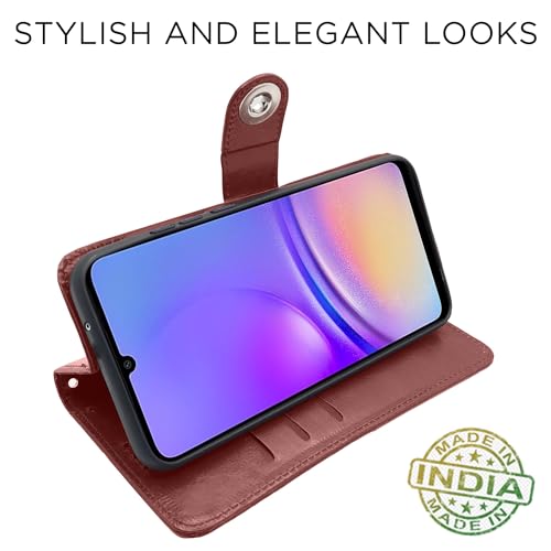 Image of Pikkme Flip Cover Leather Finish | Inside TPU with Card Pockets | Wallet Stand and Shock Proof | Complete Protection Button Flip Case for Samsung Galaxy A05 / M05 / F05 (Brown)