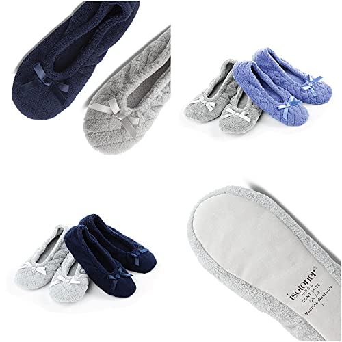 Isotoner Damen 2er-Pack Ballerina Slipper gesteppt und solide Ballerina Ballerina Flat, Hellgrau gesteppt, marineblau, einfarbig, 38/39 EU