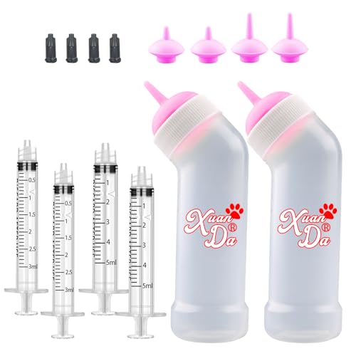Xuanda Kitten Nursing Nipple with Syringe, Wide Mouth Angled Puppy Feeding Bottles, with Ventilation Valve Resistant Tearing for Puppies, Kittens, Rabbit, Small Wildlife (M Nipple,Pink)
